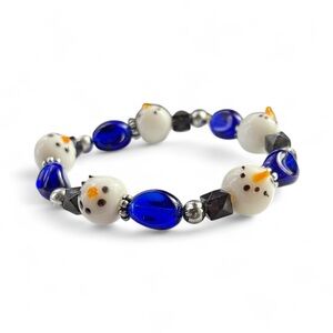 Vintage Snowman Glass Beaded Bracelet with Blue Accents